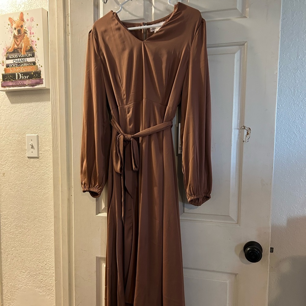 Long Sleeve V-Neck Tie-Waist Maxi Dress in Warm Brown